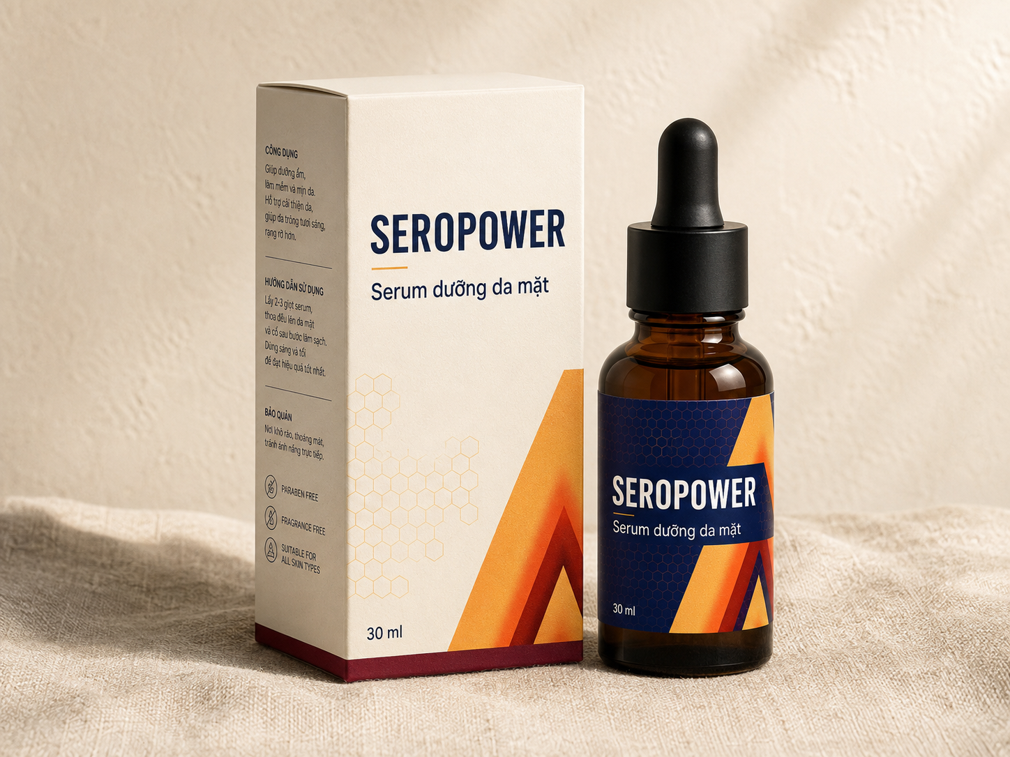 Lọ serum SEROPOWER 30 ml cùng hộp giấy đặt trên nền vải lanh